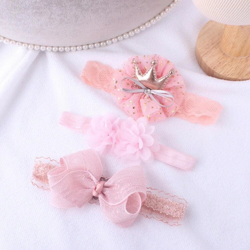 2019 Baby Accessories Beauty 3Pcs/Set Baby Girls Infant Toddler Flower Bow Headband Lace Elastic Hair Band Crown Gifts 0-3T