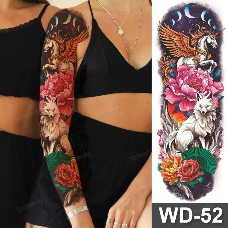 Sdrawing Size Leg Thigh Temporary Tattoo Stickers Full Arm Sleeve Wolf Carp Fox Peony Flower Fake Tattoo Sleeves Sexy Body Painting