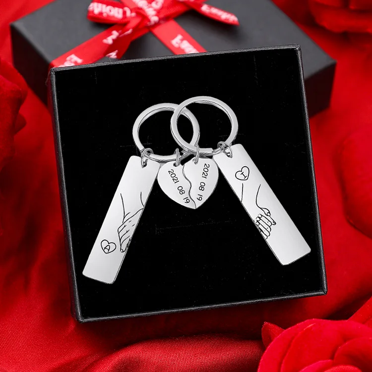 Personalized Hand in Hand Couple Keychain Set With Gift Box, Custom Keychain Engrave Name Matching Couple Gifts, Special Gift For Him-Silver Color