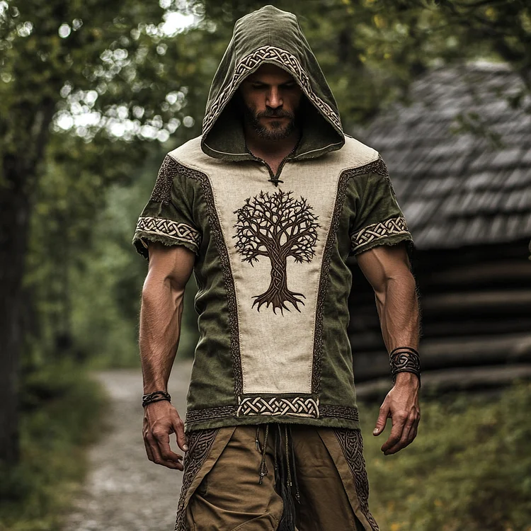 Men's Vintage Viking Tree Of Life Splicing Contrast Color Hooded T-shirt