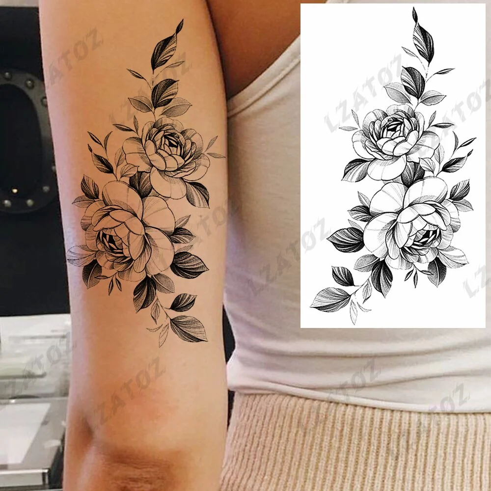 Sdrawing Rose Flower Temporary Tattoos For Woman Adults Realistic Compass Cross Fake Tatoos Sexy Waterproof Hand Tattoo Sticker