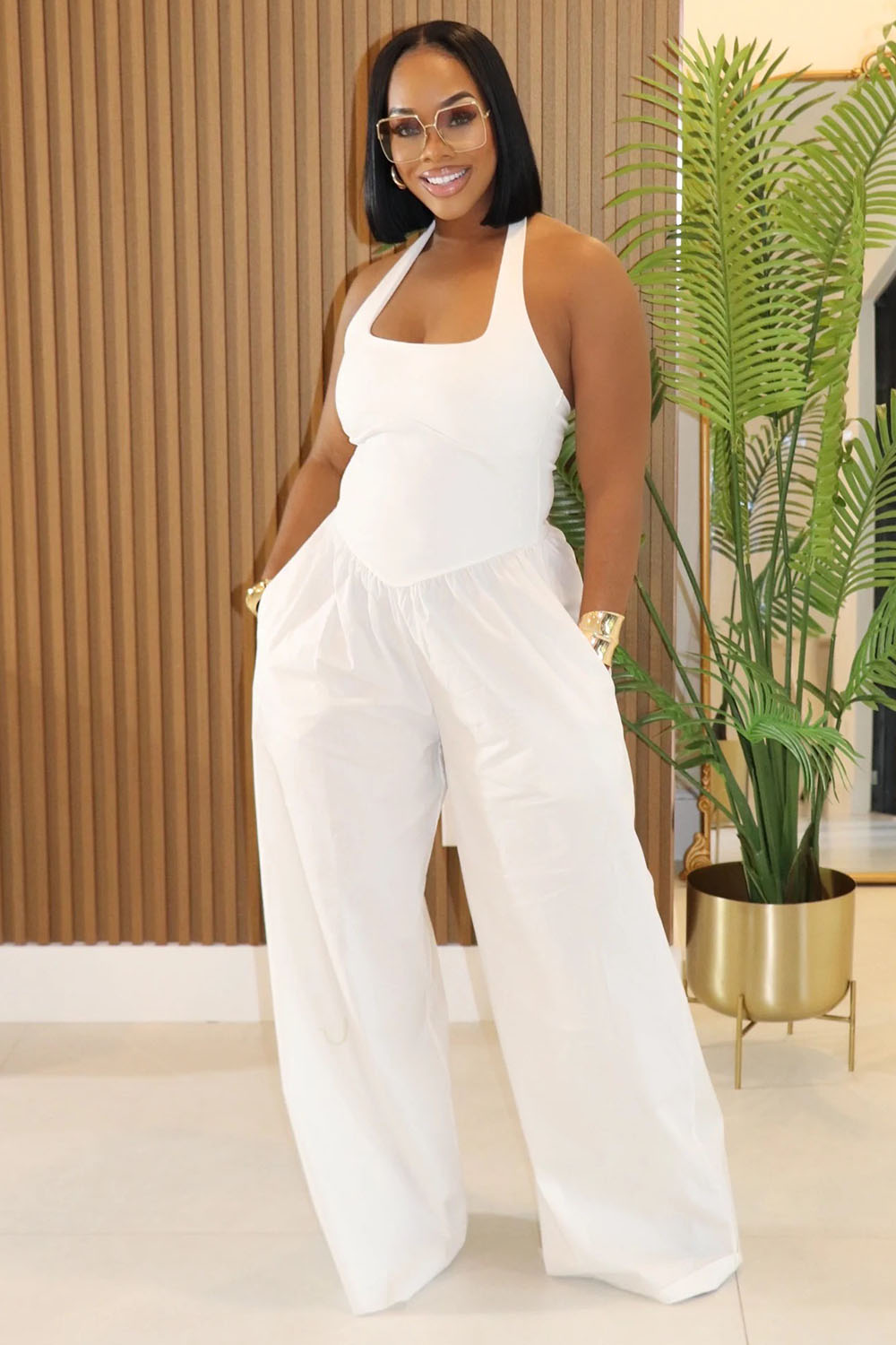 Halter Square Neck Backless Top Wide Leg Pants Jumpsuits-White [Pre Order]