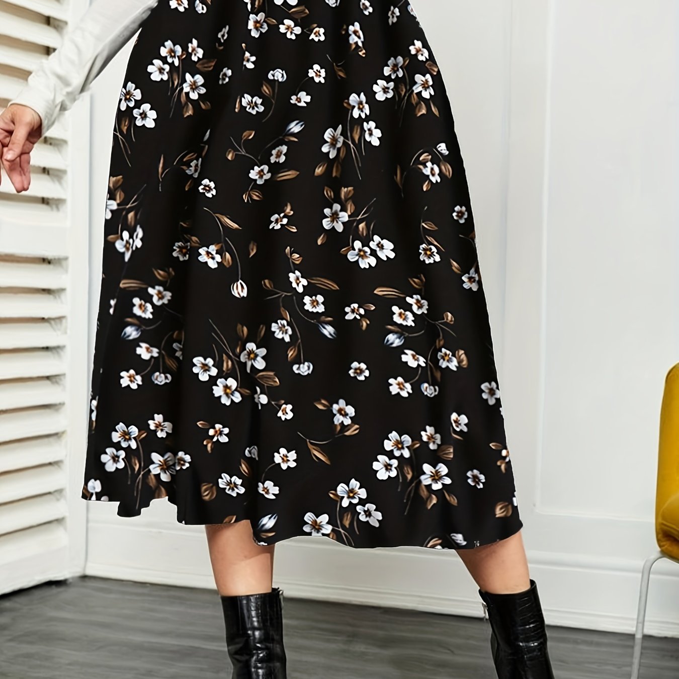 Plus Size Elegant Skirt, Women's Plus Floral Print Elastic High Rise Pleated Maxi Skirt