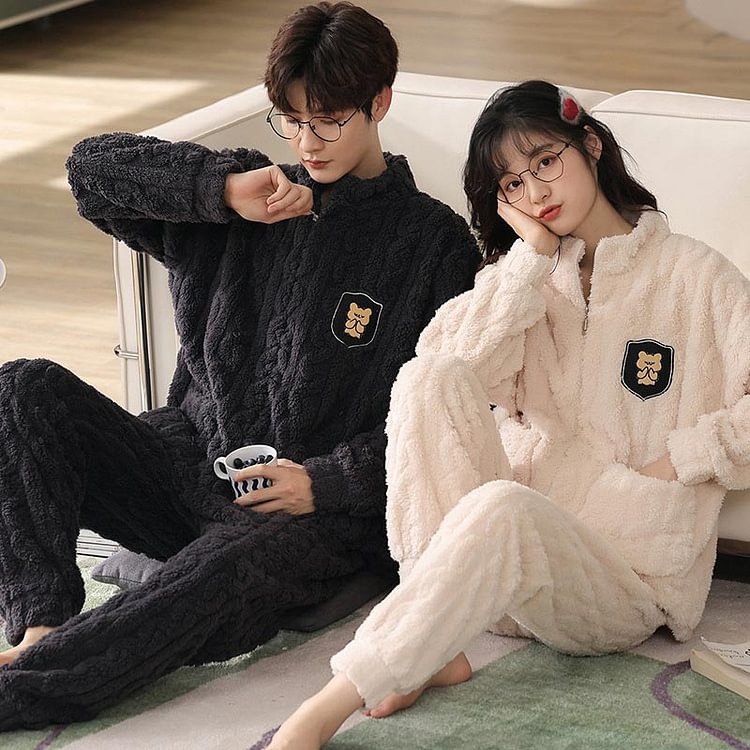 Girlfriend Boyfriend Letter Bear Plush Zipper Pajamas - Modakawa Modakawa
