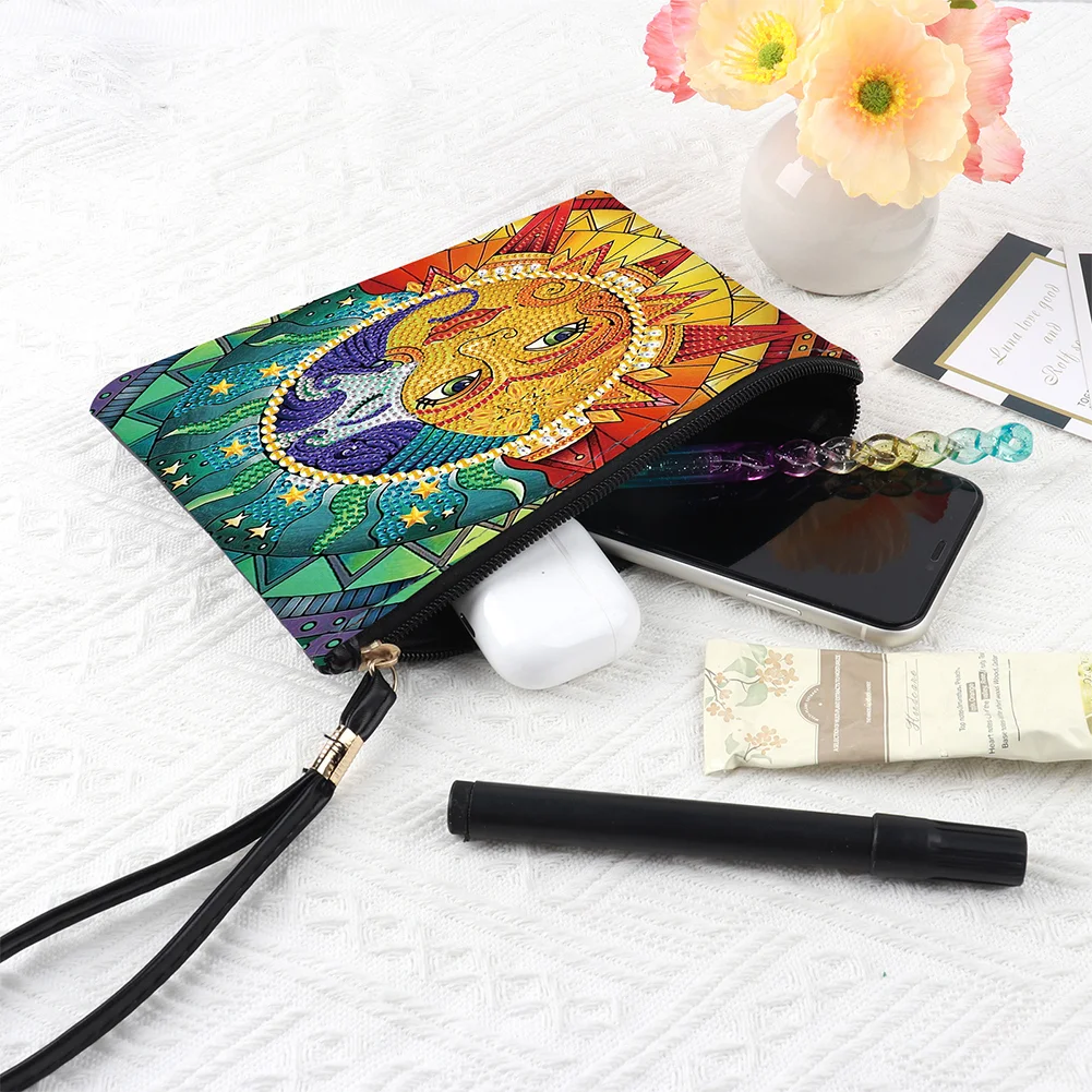 DIY Sun Moon PU Partial Special Shaped Diamond Painting Wallet Makeup Bag