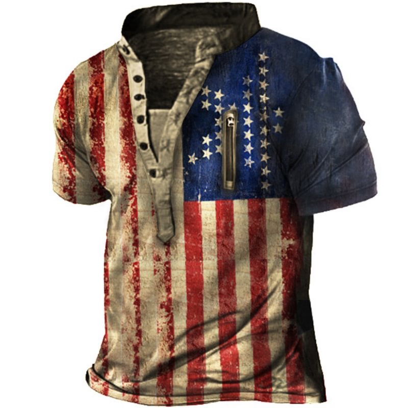 Men's Outdoor Zipper Flag Printed Tactical Henry Short Sleeve T-shirt