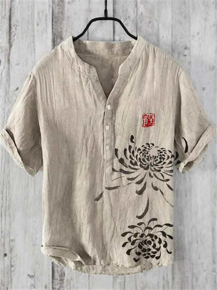Chrysanthemum Japanese Art Linen Blend Shirt