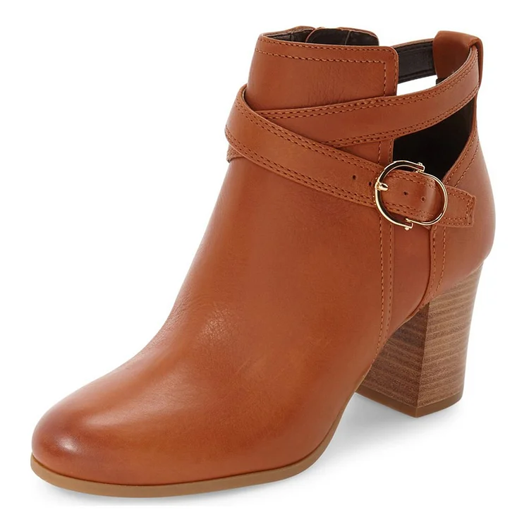 Tan Vegan Work Ankle Boots Block Heel Round Toe Vdcoo