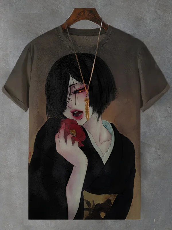 Men's Japanese Kimono Girl Floral Printed Casual T-Shirt