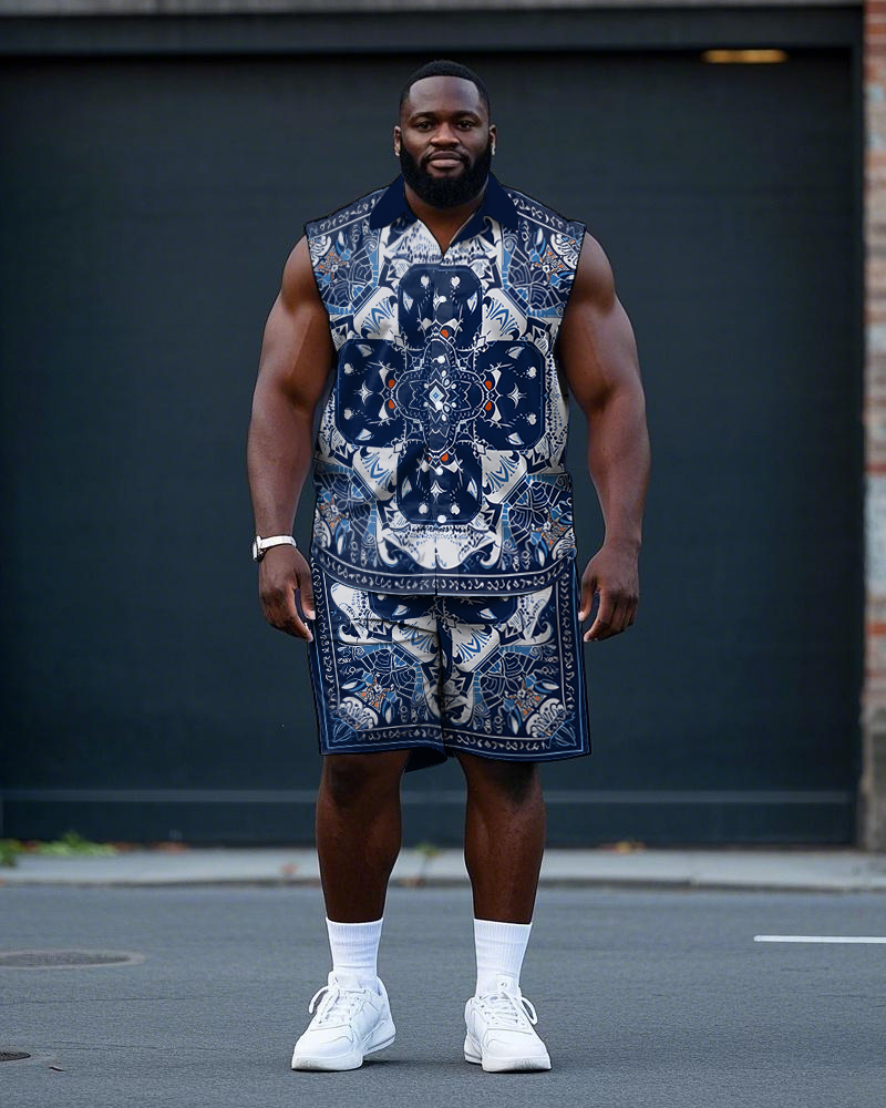 Big Men's Abstract Retro Totem All Over Printed Casual Sleeveless Shirt and Shorts Set