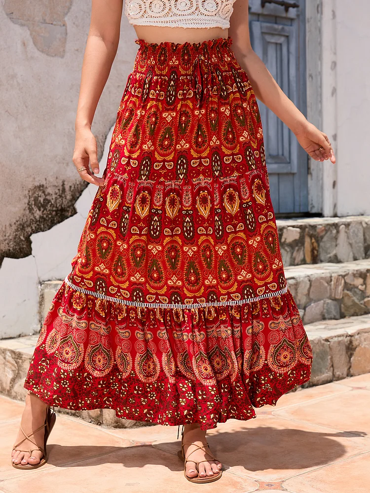 Women's Boho Skirts Red Paisley Retro Floral Print Big Swing Long Bohemian Skirt