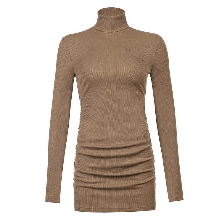 High Collar Pure Color A-line Dress - Modakawa Modakawa