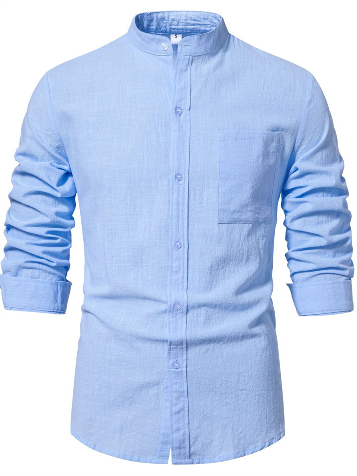 New Men's Cotton and Linen Long-sleeved Shirt Men's Long-sleeved Solid Color Shirt