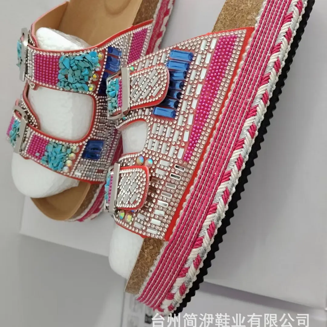 Breakj Breakj New Thick Bottom Rope Double Buckle Drill Softwood Beach Slippers Large Size Women's Shoes