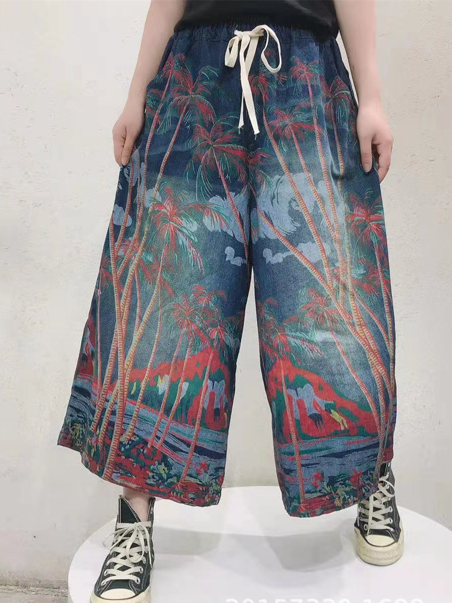 Women's Retro Ethnic Style Nine-point Wide-leg Jeans