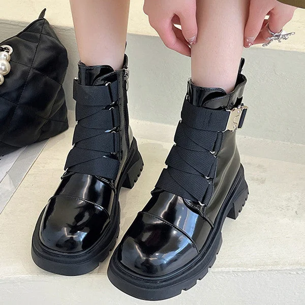 HUXM Fashion Patent Leather Multi Buckle Straps Combat Boots