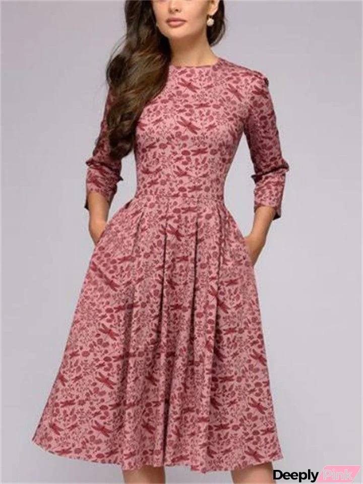 Women’s Vintage Floral 3/4 Sleeve Round Neck A-line Midi Dress