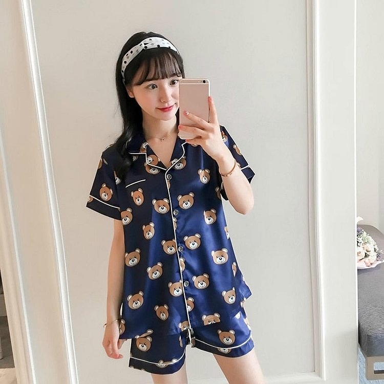 Cute Bear Silk Pajama Set - Gotamochi Kawaii Shop, Kawaii Clothes
