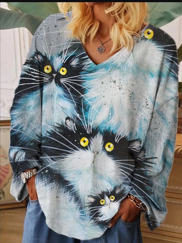 Artwishers Furry Cat Families Printed V-Neck Long-Sleeve Tunic
