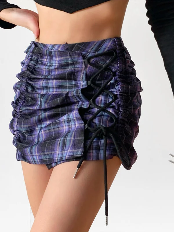 Dark Punk Style College Style Plaid Drawstring Lace Up Gathered Paneled A-line Mini Skirt