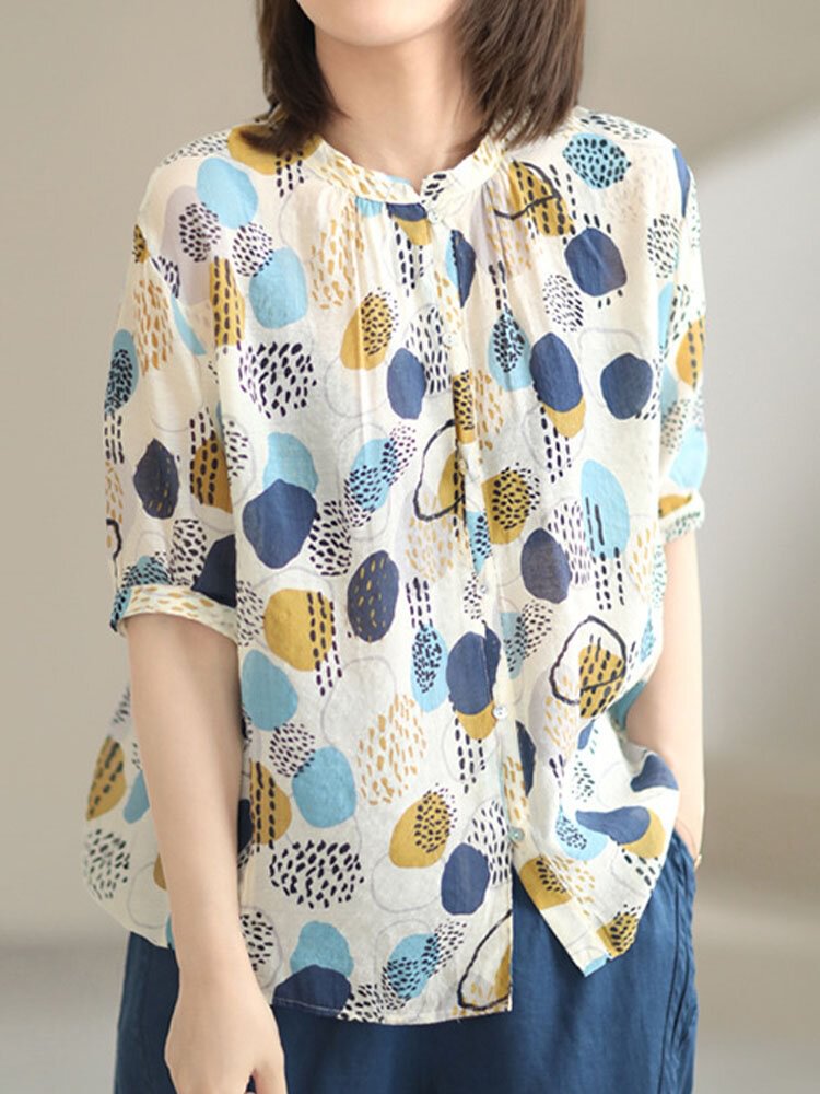Multi color Dot Print Stand Collar Half Sleeve Button Loose Blouse P1858156