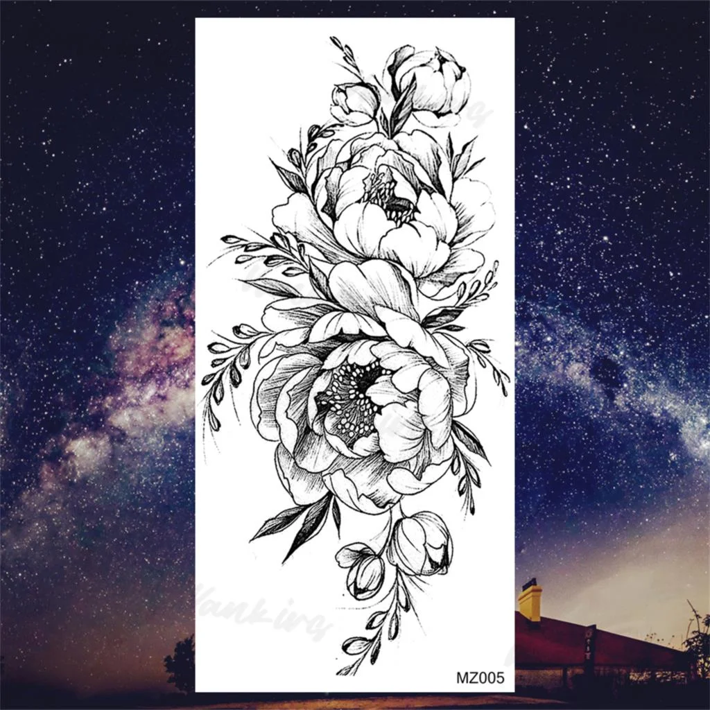 Sdrawing Peony Butterfly Temporary Butterfly Tattoos For Women Girls Realistic Snake Sun Fake Tattoo Sticker Leg Body Tatoos