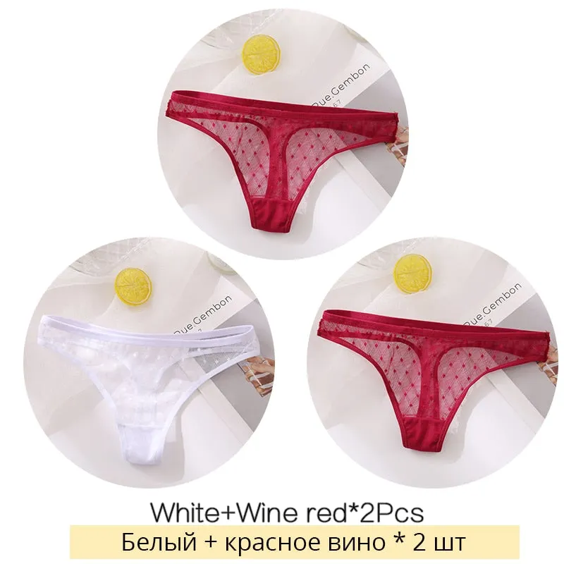 FINETOO Sexy Lace Thongs Women 3Pcs/set Transparent G-string Panties Dots Lace T-back Underwear Fashion Female Underpants M-XL