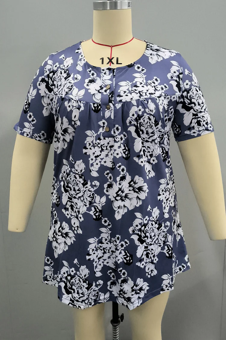 Plus Size Casual Floral Tunic V Neck Short Sleeve Button T Shirt FlyCurvy Flycurvy [product_label]