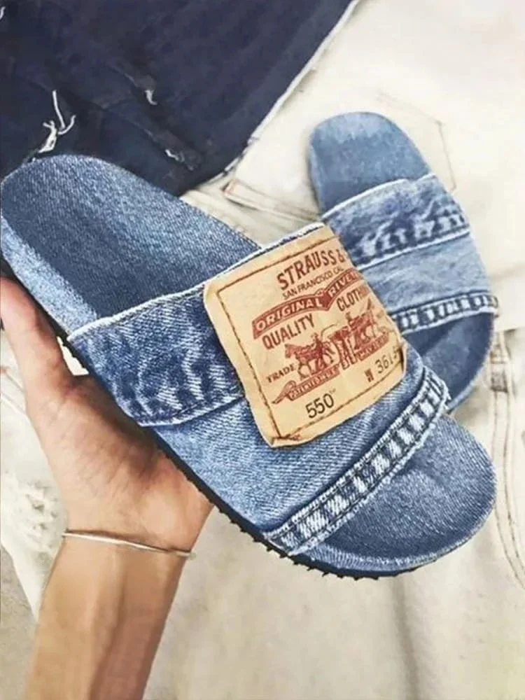 Vintage Thick Sole Lettered Denim Slippers