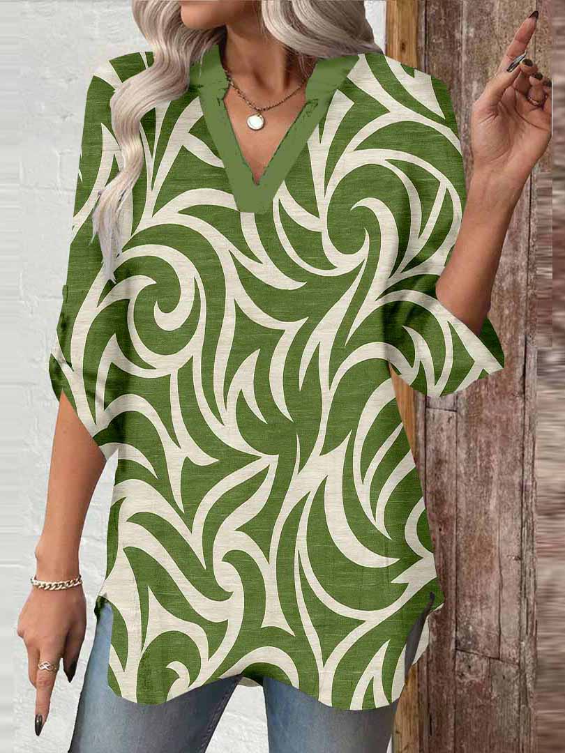 Women Tropical, Green DZGA0102 3/4 Sleeve V-neck Printed Graphic Button Tops