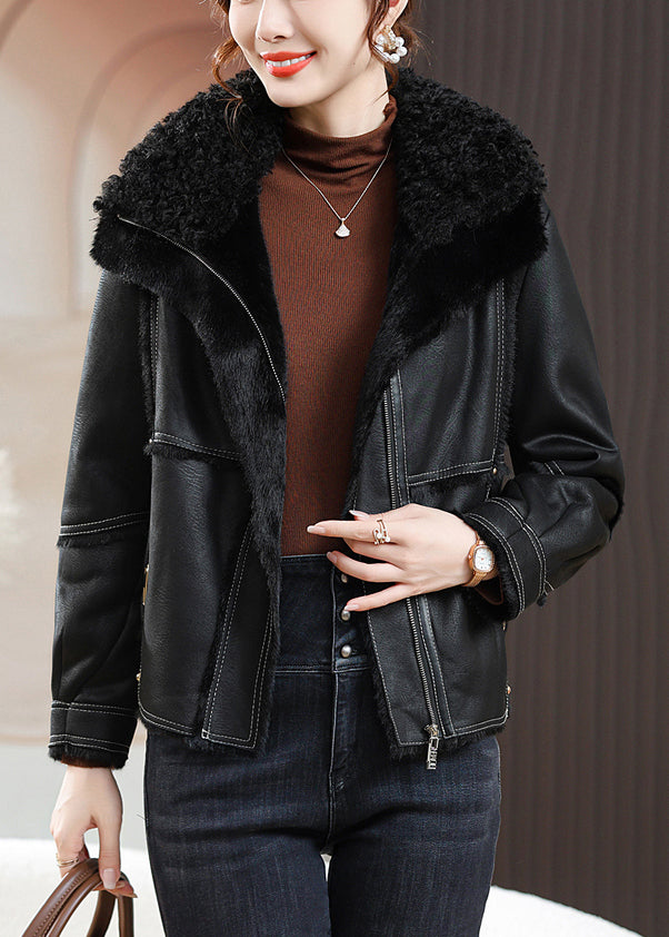 VCSHOES Loose Black Peter Pan Collar Zippered Fuzzy Fur Coats Winter