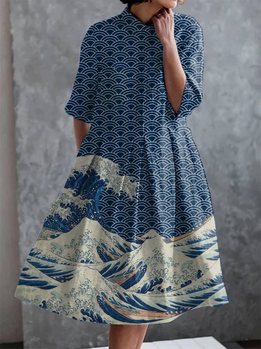 Japanese Wave Print Casual Elegant Pocket Half Sleeve Dress