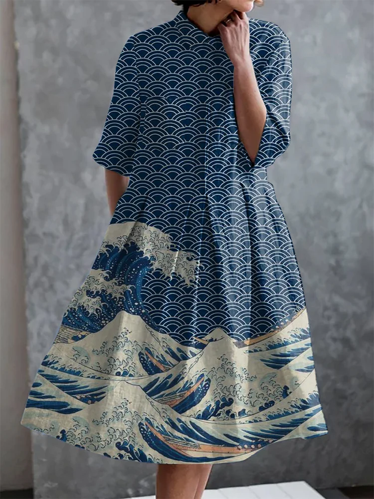 Japanese Wave Print Casual Elegant Pocket Half Sleeve Dress