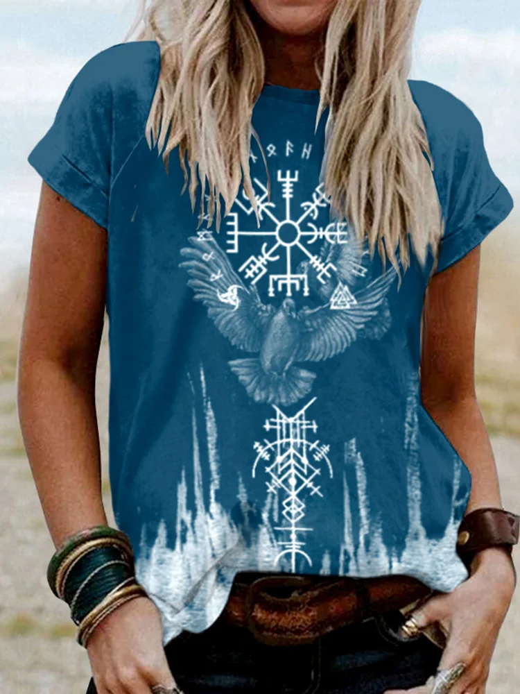 Tribal Viking Bird Totem Print Short-Sleeved T-Shirt