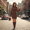 Women's Caramel Colored Stand Up Collar Patchwork Leather Sleeve Ribbed Knit Dress by Inlyline