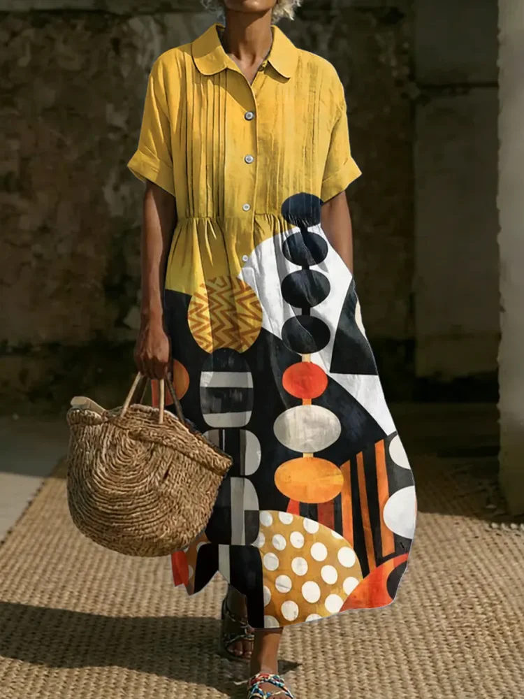 Women's Vintage Art Print Casual Short Sleeve Small Collared Linen Dress