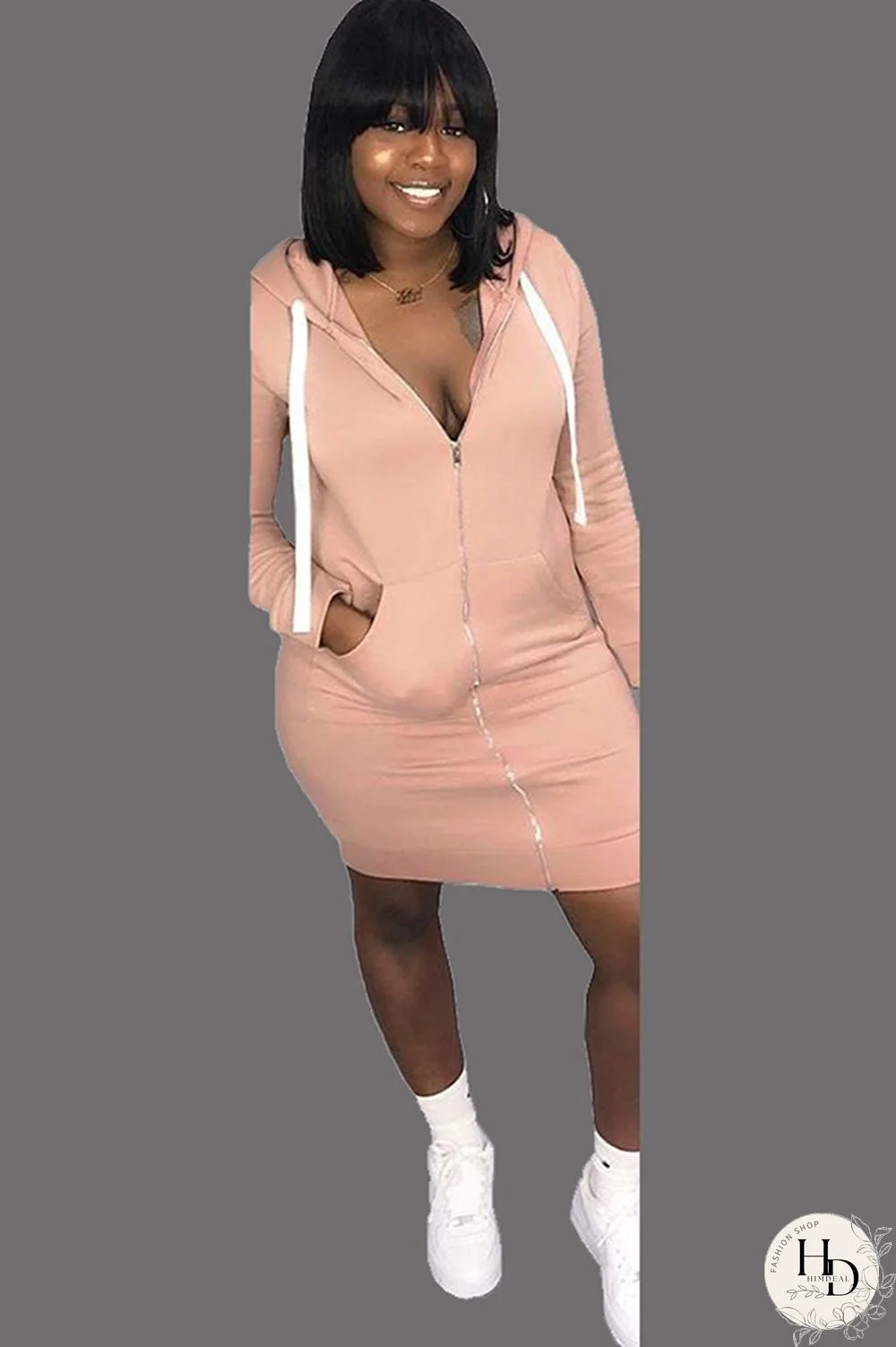 Pink Polyester Sexy Cap Sleeve Long Sleeves Hooded Step Skirt skirt Patchwork chain Solid Club Dresses