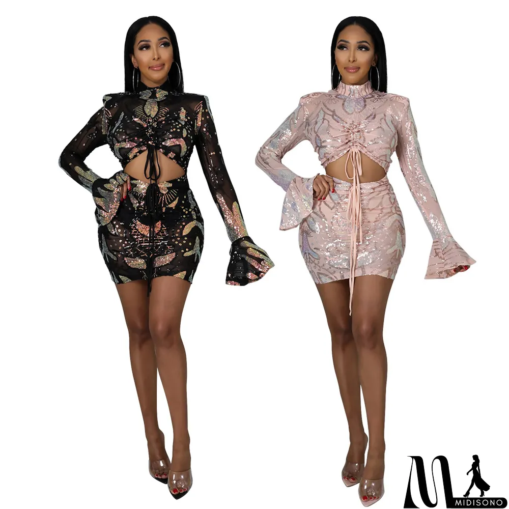 MidiSono - Sequin Lining Waist Hollow Sexy Nightclub Dress