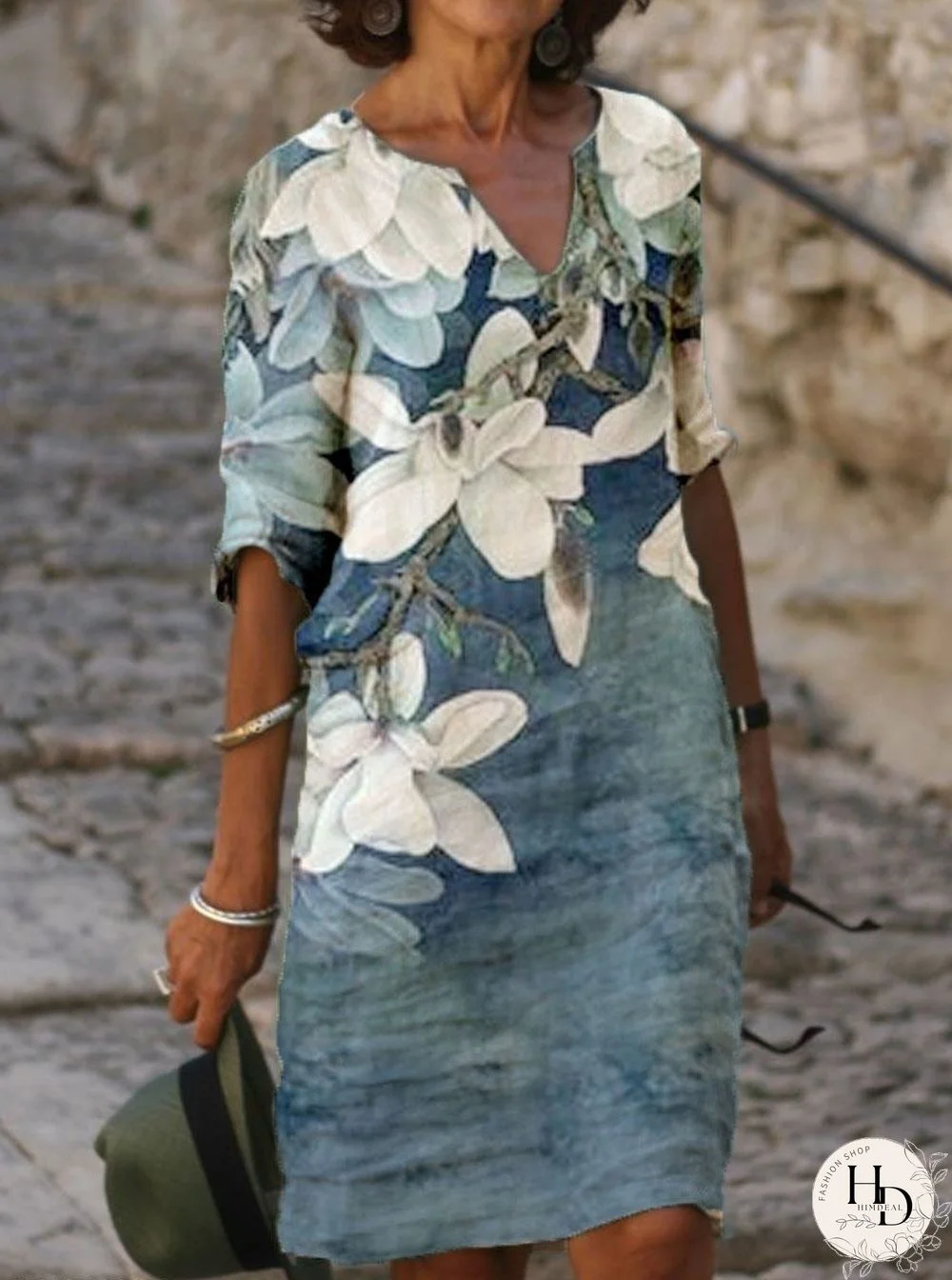 Fashion Flower Print V-neck Long Sleeve Shift Dress