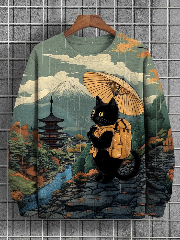 Men's Black Cat Travel to Japan Print Casual Sweatshirt