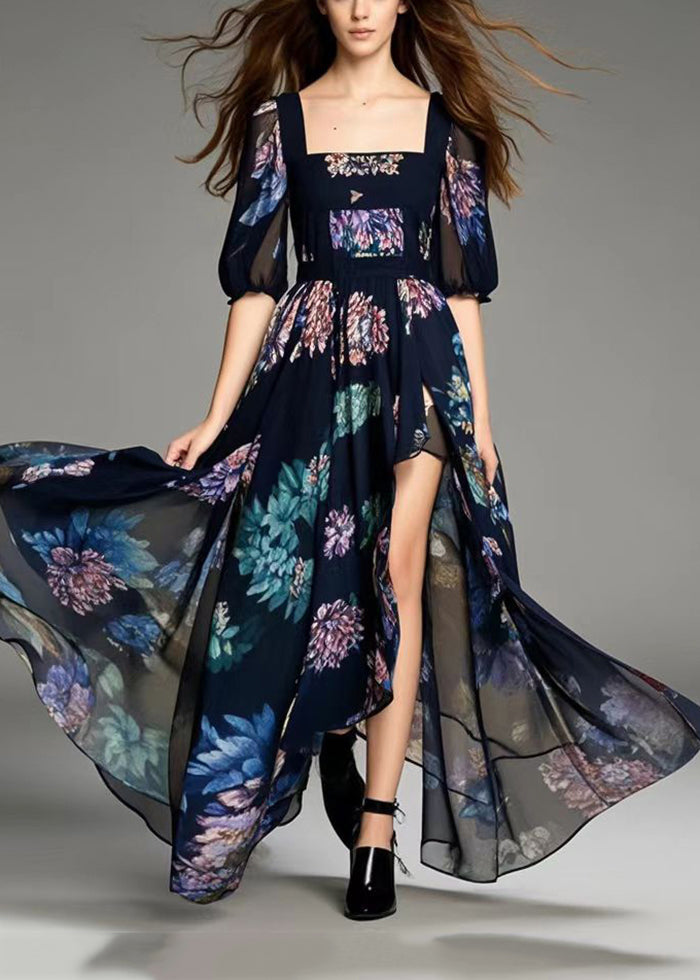 VCSHOES Black Print Asymmetrical Design Chiffon Dress Summer