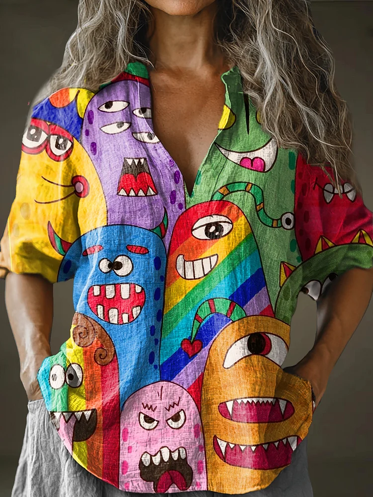 Women's Rainbow Cute Monster Art Pattern Print Long Sleeve Comfortable Cotton And Linen Shirt