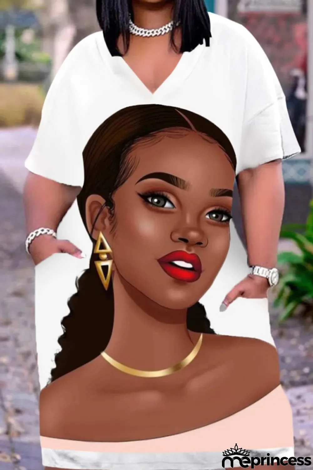 Black Gold Fashion Casual Print Basic V Neck Short Sleeve Dress