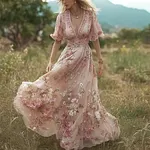 Retro Pink Rose Design V-neck Long-sleeve Casual Dress - Image 2