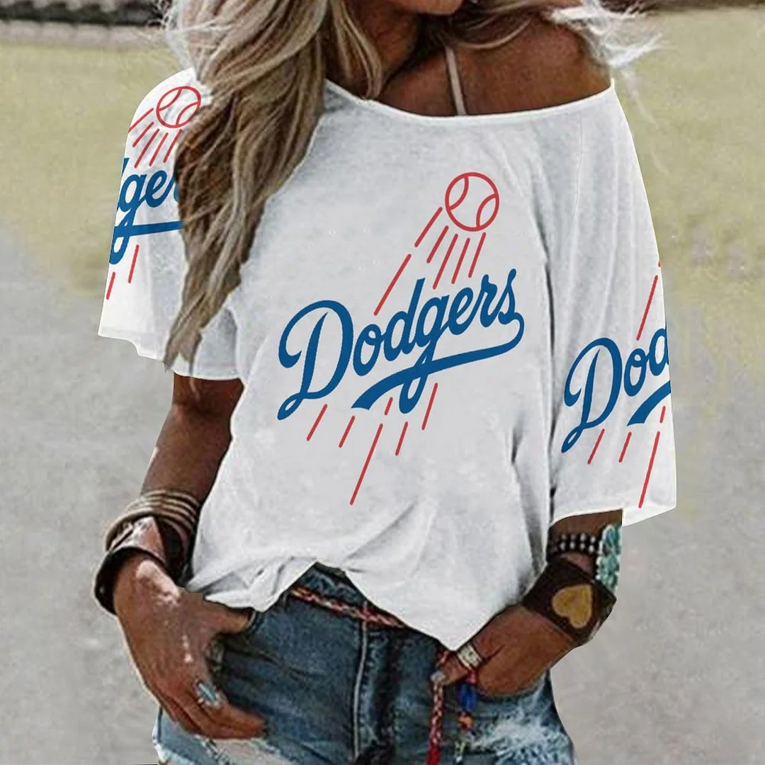 Shoulder Off  Loose Short Sleeve Casual T-shirt for Women Printed with Pattern , Blue, Red,