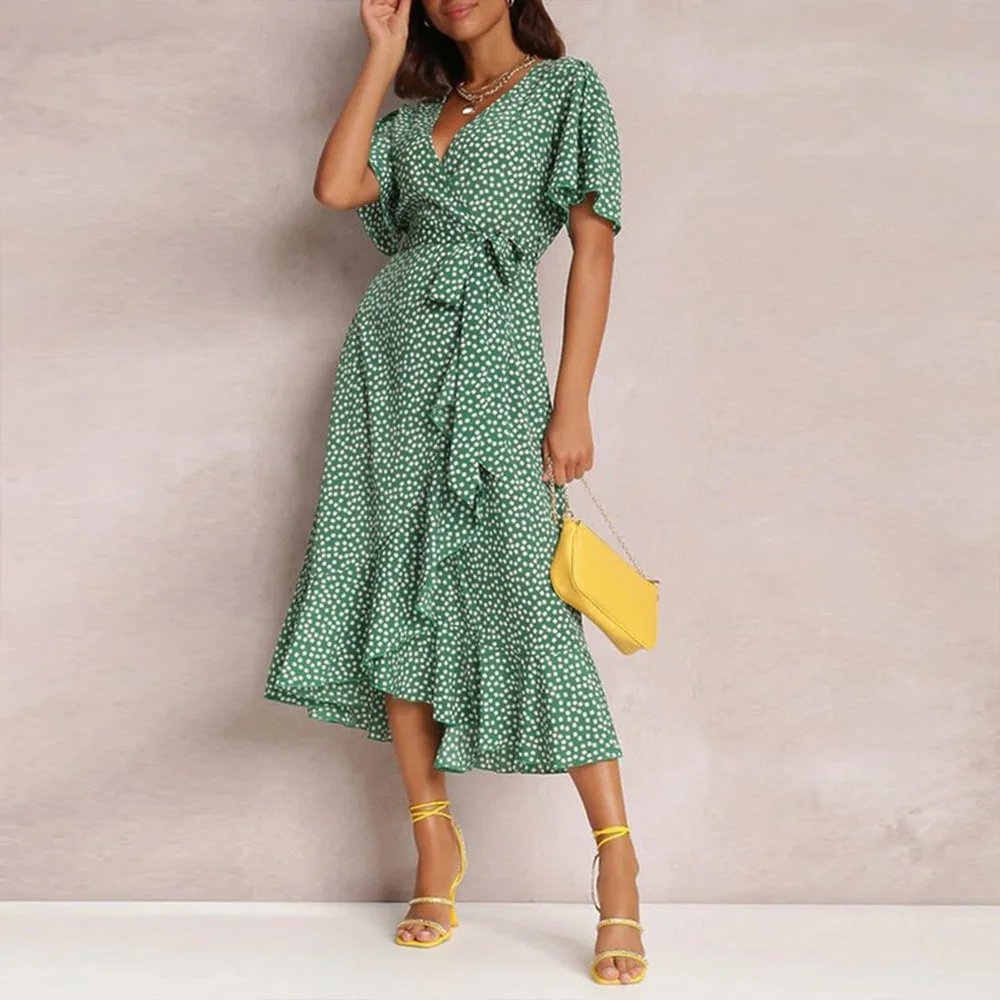 Fresh Short Sleeve Print Midi Dress