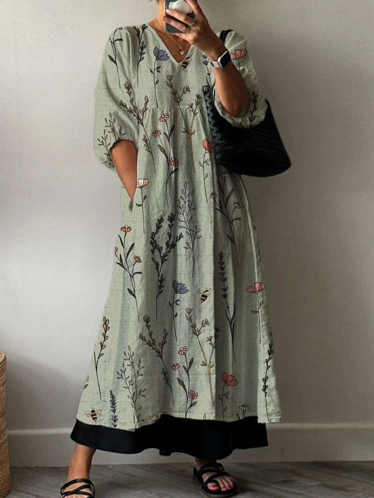 Vintage Floral Print Pocket V-neck Cotton Dress