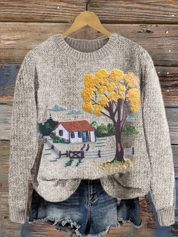 VChics Farm Cottage Landscape Embroidery Art Cozy Knit Sweater