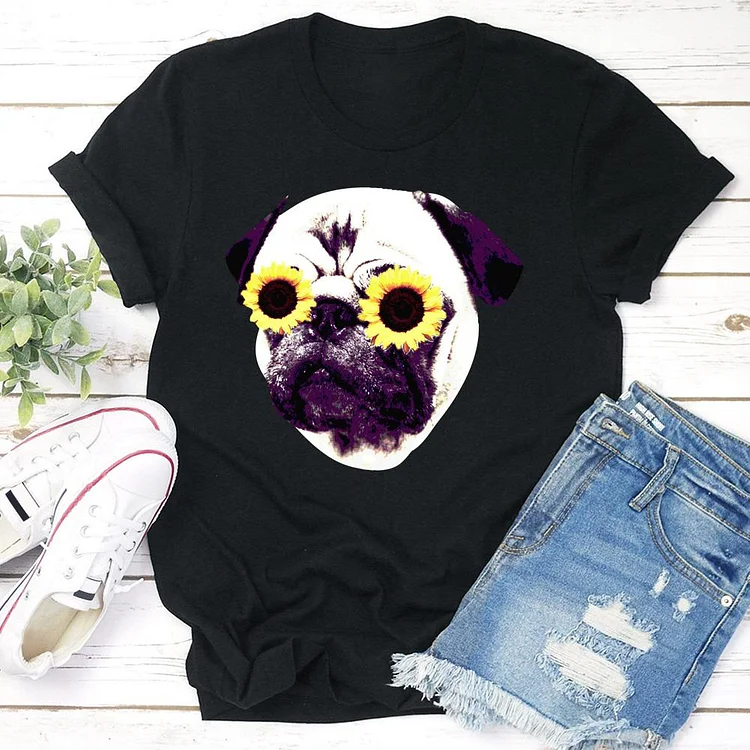 Sunflower Pug  T-shirt Tee - 01645-Annaletters