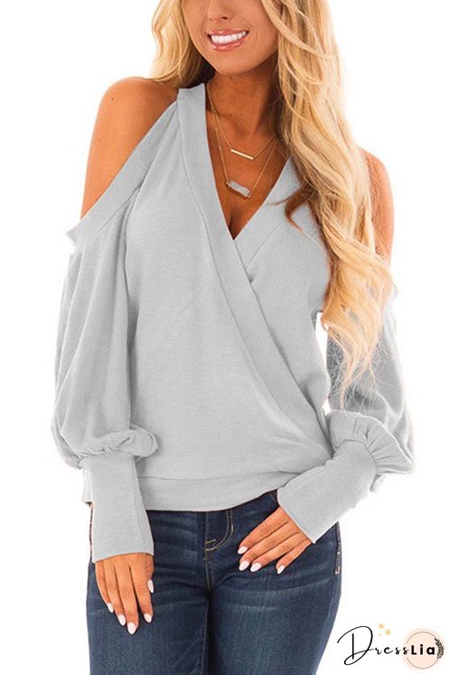 Meridress Wrap V Neck Cold Shoulder Lantern Sleeve Top